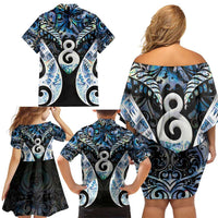 New Zealand Aotearoa Family Matching Off Shoulder Short Dress and Hawaiian Shirt Pikorua Single Twist Green Paua Shell