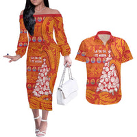 French Polynesia Christmas Couples Matching Off The Shoulder Long Sleeve Dress and Hawaiian Shirt Seashell Xmas Tree Tribal Waves DT05 Orange - Polynesian Pride