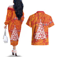 French Polynesia Christmas Couples Matching Off The Shoulder Long Sleeve Dress and Hawaiian Shirt Seashell Xmas Tree Tribal Waves DT05 - Polynesian Pride