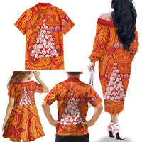 French Polynesia Christmas Family Matching Off The Shoulder Long Sleeve Dress and Hawaiian Shirt Seashell Xmas Tree Tribal Waves - Polynesian Pride