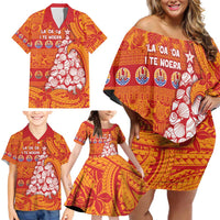 French Polynesia Christmas Family Matching Off Shoulder Short Dress and Hawaiian Shirt Seashell Xmas Tree Tribal Waves DT05 - Polynesian Pride