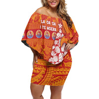 French Polynesia Christmas Family Matching Off Shoulder Short Dress and Hawaiian Shirt Seashell Xmas Tree Tribal Waves DT05 Mom's Dress Orange - Polynesian Pride