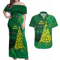 Cook Islands Christmas Couples Matching Off Shoulder Maxi Dress and Hawaiian Shirt Seashell Xmas Tree Tribal Waves DT05 Green - Polynesian Pride