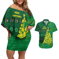 Cook Islands Christmas Couples Matching Off Shoulder Short Dress and Hawaiian Shirt Seashell Xmas Tree Tribal Waves DT05 Green - Polynesian Pride