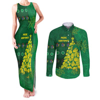 Cook Islands Christmas Couples Matching Tank Maxi Dress and Long Sleeve Button Shirt Seashell Xmas Tree Tribal Waves DT05 Green - Polynesian Pride
