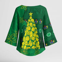 Cook Islands Christmas Kimono Sleeve Blouse Seashell Xmas Tree Tribal Waves - Polynesian Pride