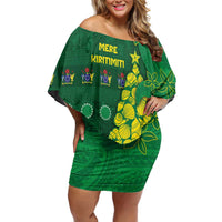 Cook Islands Christmas Off Shoulder Short Dress Seashell Xmas Tree Tribal Waves DT05 Women Green - Polynesian Pride