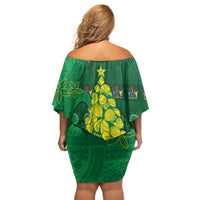 Cook Islands Christmas Off Shoulder Short Dress Seashell Xmas Tree Tribal Waves DT05 - Polynesian Pride