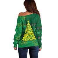 Cook Islands Christmas Off Shoulder Sweater Seashell Xmas Tree Tribal Waves - Polynesian Pride