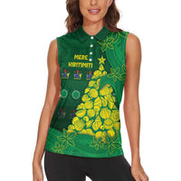 Cook Islands Christmas Women Sleeveless Polo Shirt Seashell Xmas Tree Tribal Waves DT05 - Polynesian Pride