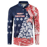 Wallis And Futuna Christmas Button Sweatshirt Seashell Xmas Tree Tribal Waves - Polynesian Pride