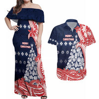 Wallis And Futuna Christmas Couples Matching Off Shoulder Maxi Dress and Hawaiian Shirt Seashell Xmas Tree Tribal Waves DT05 Navy - Polynesian Pride