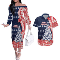 Wallis And Futuna Christmas Couples Matching Off The Shoulder Long Sleeve Dress and Hawaiian Shirt Seashell Xmas Tree Tribal Waves - Polynesian Pride