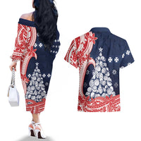 Wallis And Futuna Christmas Couples Matching Off The Shoulder Long Sleeve Dress and Hawaiian Shirt Seashell Xmas Tree Tribal Waves - Polynesian Pride