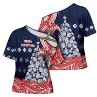 Wallis And Futuna Christmas Cross Shoulder Shirt Seashell Xmas Tree Tribal Waves - Polynesian Pride