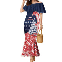 Wallis And Futuna Christmas Family Matching Mermaid Dress and Hawaiian Shirt Seashell Xmas Tree Tribal Waves DT05 Mom's Dress Navy - Polynesian Pride