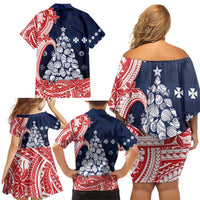 Wallis And Futuna Christmas Family Matching Off Shoulder Short Dress and Hawaiian Shirt Seashell Xmas Tree Tribal Waves - Polynesian Pride
