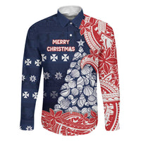 Wallis And Futuna Christmas Family Matching Tank Maxi Dress and Hawaiian Shirt Seashell Xmas Tree Tribal Waves DT05 Dad's Shirt - Long Sleeve Navy - Polynesian Pride