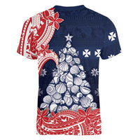 Wallis And Futuna Christmas Women V-Neck T-Shirt Seashell Xmas Tree Tribal Waves DT05 - Polynesian Pride