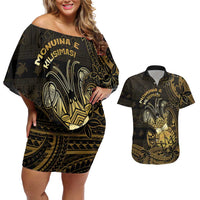 Niue Christmas Couples Matching Off Shoulder Short Dress and Hawaiian Shirt Niuean Crab Xmas Tribal Waves - Polynesian Pride