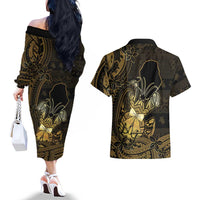 Niue Christmas Couples Matching Off The Shoulder Long Sleeve Dress and Hawaiian Shirt Niuean Crab Xmas Tribal Waves DT05 - Polynesian Pride