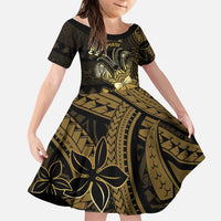 Niue Christmas Family Matching Off The Shoulder Long Sleeve Dress and Hawaiian Shirt Niuean Crab Xmas Tribal Waves DT05 Daughter's Dress Gold - Polynesian Pride