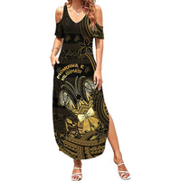 Niue Christmas Family Matching Summer Maxi Dress and Hawaiian Shirt Niuean Crab Xmas Tribal Waves DT05 Mom's Dress Gold - Polynesian Pride