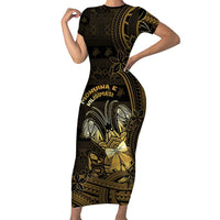 Niue Christmas Short Sleeve Bodycon Dress Niuean Crab Xmas Tribal Waves DT05 Long Dress Gold - Polynesian Pride