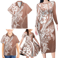 Hawaii Puakenikeni And Maile Lei Family Matching Long Sleeve Bodycon Dress and Hawaiian Shirt Brown Polynesian Shark Tattoo DT05