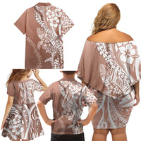 Hawaii Puakenikeni And Maile Lei Family Matching Off Shoulder Short Dress and Hawaiian Shirt Brown Polynesian Shark Tattoo DT05