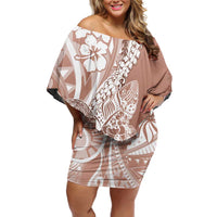 Hawaii Puakenikeni And Maile Lei Family Matching Off Shoulder Short Dress and Hawaiian Shirt Brown Polynesian Shark Tattoo DT05
