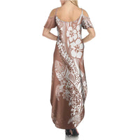 Hawaii Puakenikeni And Maile Lei Summer Maxi Dress Brown Polynesian Shark Tattoo DT05 - Polynesian Pride