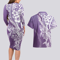 Hawaii Puakenikeni And Maile Lei Couples Matching Long Sleeve Bodycon Dress and Hawaiian Shirt Violet Polynesian Shark Tattoo DT05