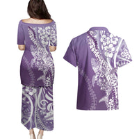 Hawaii Puakenikeni And Maile Lei Couples Matching Puletasi and Hawaiian Shirt Violet Polynesian Shark Tattoo DT05 - Polynesian Pride