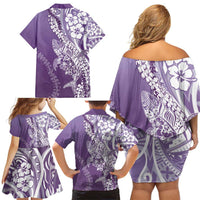 Hawaii Puakenikeni And Maile Lei Family Matching Off Shoulder Short Dress and Hawaiian Shirt Violet Polynesian Shark Tattoo DT05