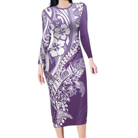Hawaii Puakenikeni And Maile Lei Long Sleeve Bodycon Dress Violet Polynesian Shark Tattoo DT05