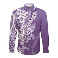 Hawaii Puakenikeni And Maile Lei Long Sleeve Button Shirt Violet Polynesian Shark Tattoo DT05