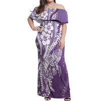 Hawaii Puakenikeni And Maile Lei Off Shoulder Maxi Dress Violet Polynesian Shark Tattoo DT05