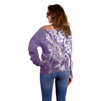 Hawaii Puakenikeni And Maile Lei Off Shoulder Sweater Violet Polynesian Shark Tattoo DT05