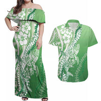 Hawaii Puakenikeni And Maile Lei Couples Matching Off Shoulder Maxi Dress and Hawaiian Shirt Green Polynesian Shark Tattoo DT05