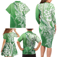 Hawaii Puakenikeni And Maile Lei Family Matching Long Sleeve Bodycon Dress and Hawaiian Shirt Green Polynesian Shark Tattoo DT05