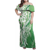 Hawaii Puakenikeni And Maile Lei Family Matching Off Shoulder Maxi Dress and Hawaiian Shirt Green Polynesian Shark Tattoo DT05