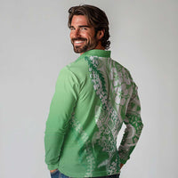 Hawaii Puakenikeni And Maile Lei Long Sleeve Polo Shirt Green Polynesian Shark Tattoo DT05