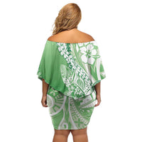 Hawaii Puakenikeni And Maile Lei Off Shoulder Short Dress Green Polynesian Shark Tattoo DT05 - Polynesian Pride