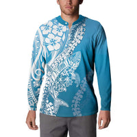 Hawaii Puakenikeni And Maile Lei Button Sweatshirt Blue Polynesian Shark Tattoo DT05