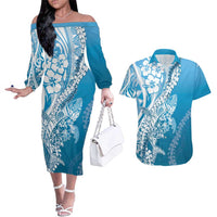 Hawaii Puakenikeni And Maile Lei Couples Matching Off The Shoulder Long Sleeve Dress and Hawaiian Shirt Blue Polynesian Shark Tattoo DT05