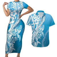 Hawaii Puakenikeni And Maile Lei Couples Matching Short Sleeve Bodycon Dress and Hawaiian Shirt Blue Polynesian Shark Tattoo DT05