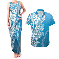Hawaii Puakenikeni And Maile Lei Couples Matching Tank Maxi Dress and Hawaiian Shirt Blue Polynesian Shark Tattoo DT05