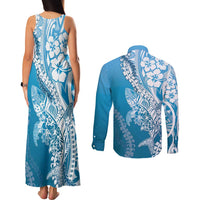 Hawaii Puakenikeni And Maile Lei Couples Matching Tank Maxi Dress and Long Sleeve Button Shirt Blue Polynesian Shark Tattoo DT05