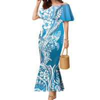 Hawaii Puakenikeni And Maile Lei Family Matching Mermaid Dress and Hawaiian Shirt Blue Polynesian Shark Tattoo DT05